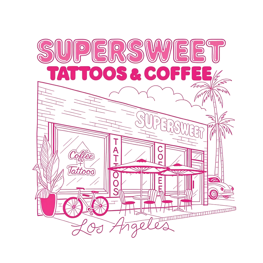 Illustration of the Supersweet Tattoos and Coffee storefront in Los Angeles