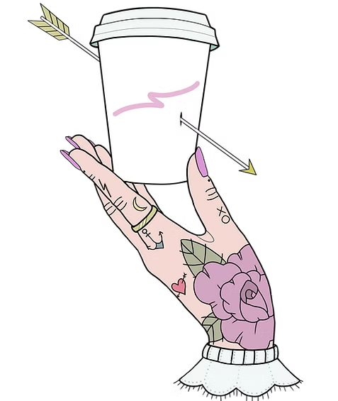 Tattooed hand holding a takeaway coffee cup pierced by an arrow